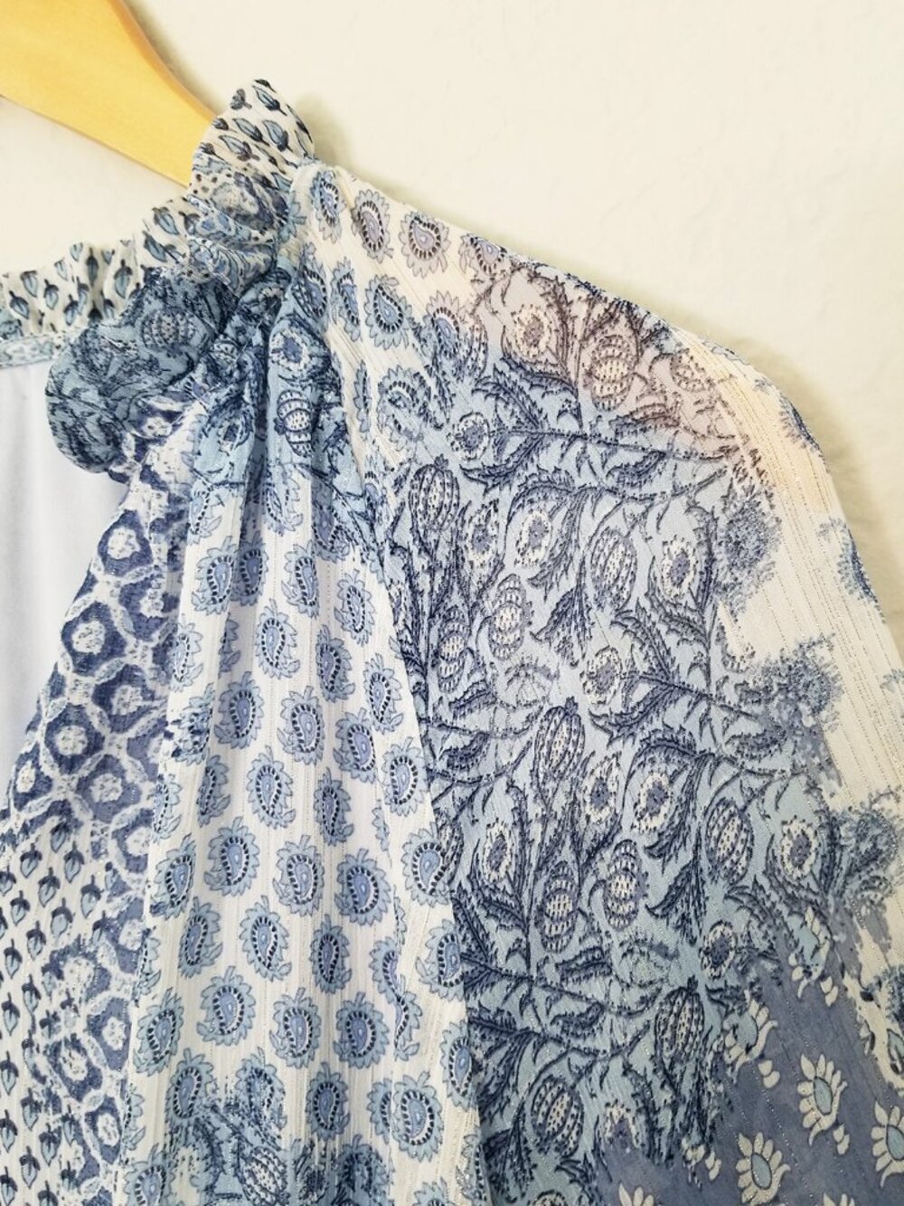 MSK Ruffle V Neck Baby Doll Dress XL Chiffon Patchwork Blue Shimmer Boho Cottage - Picture 9 of 15